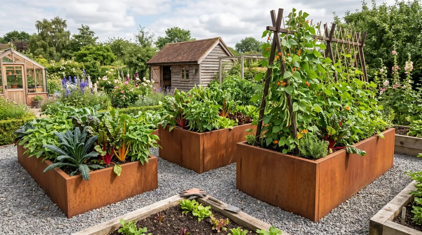 Three rectangular Corten steel raised beds at varying heights in a contemporary UK vegetable garden planted with cavolo nero, rainbow chard and runner beans