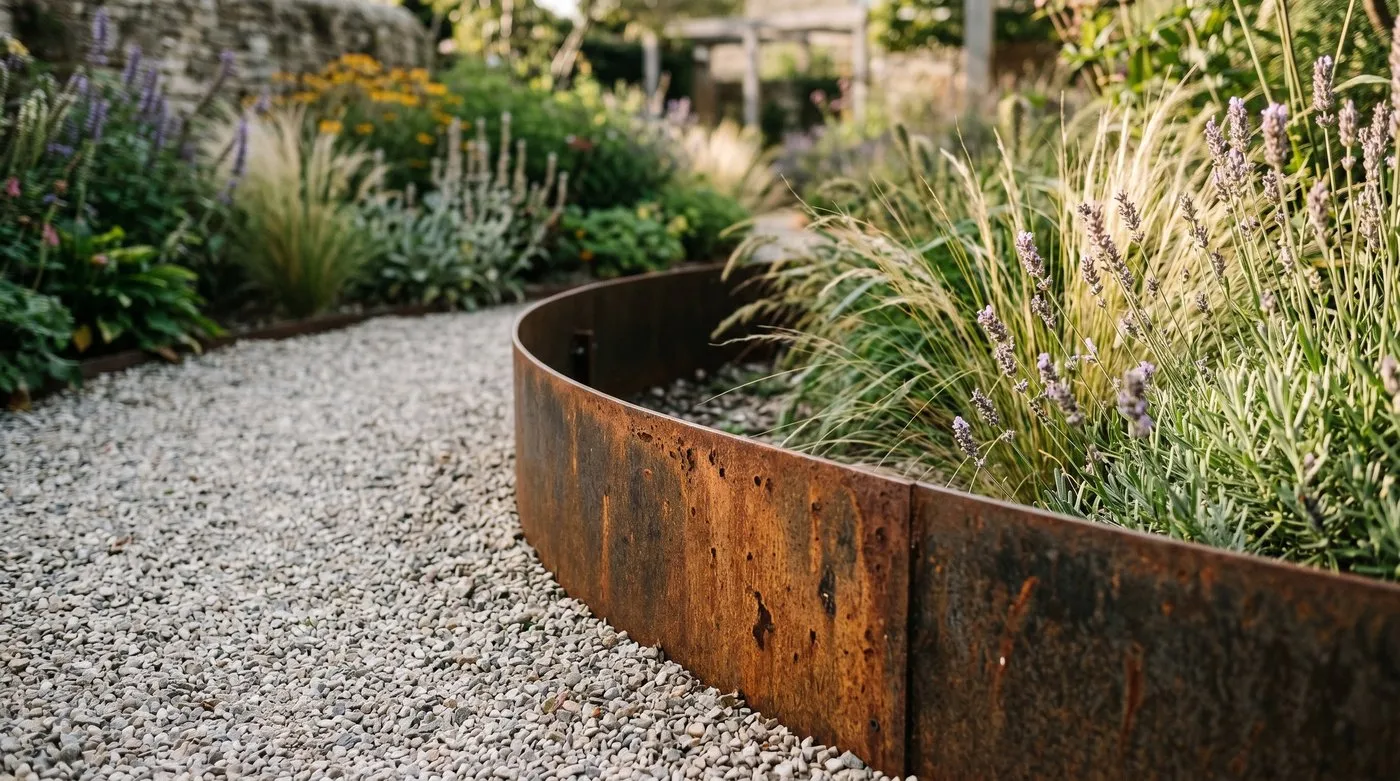 Weathered Corten steel edging defining a curved gravel pathway in a contemporary UK garden with ornamental grasses and lavender