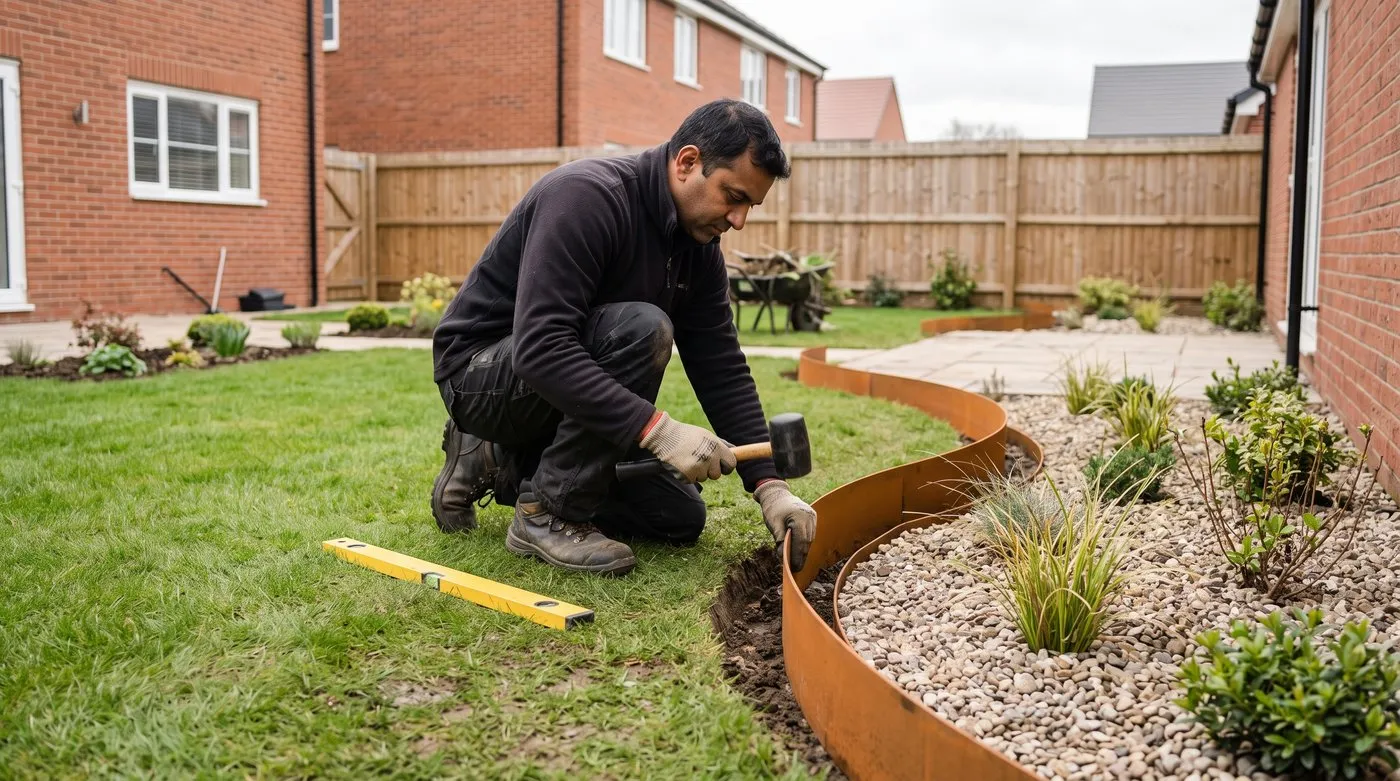 Man in gloves tapping curved Corten lawn edging into a trench between lawn and a gravel border