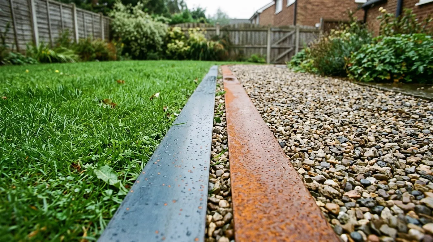 New blue-grey Corten edging beside a fully weathered orange-brown length on a gravel path