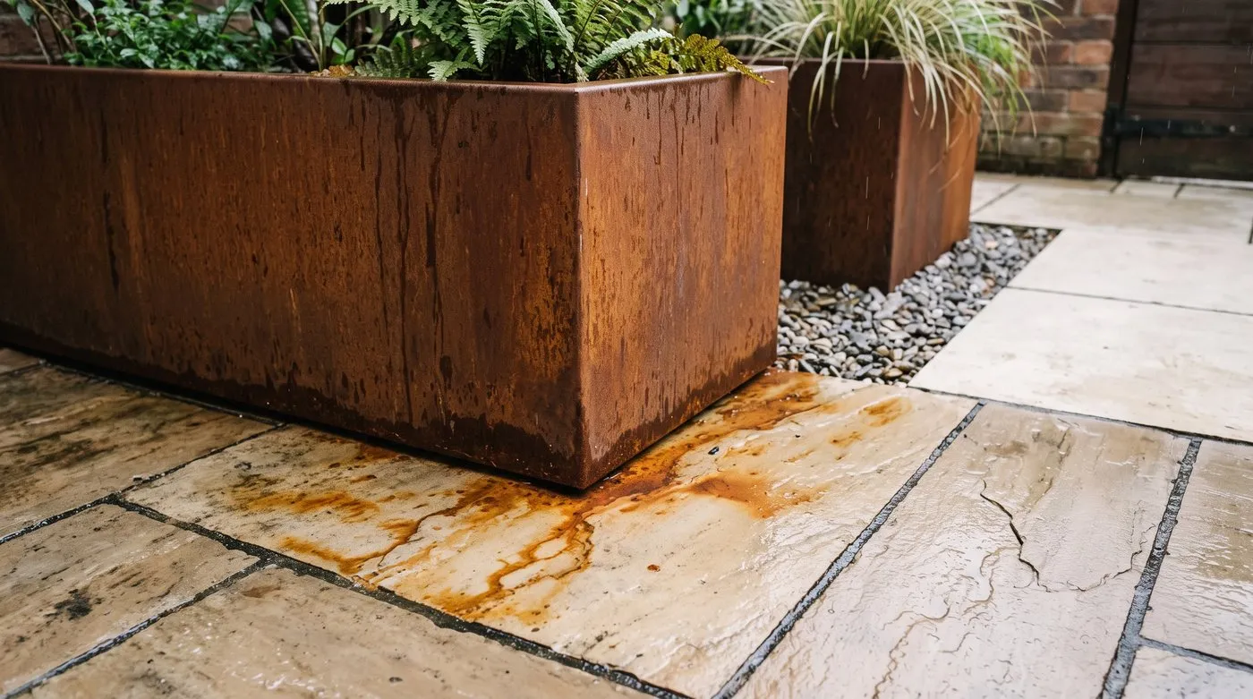 Rust stains on pale sandstone paving around a Corten planter, next to one set safely in a gravel strip