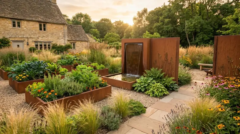 Contemporary UK garden featuring Corten steel raised beds water feature and screens with ornamental grasses in golden hour