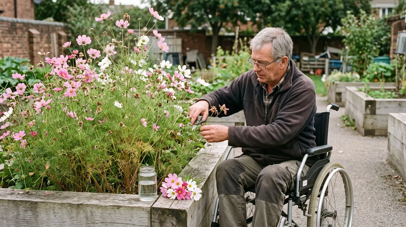 Man in a wheelchair deadheading cosmos at a raised bed, with cut flowers in a jar