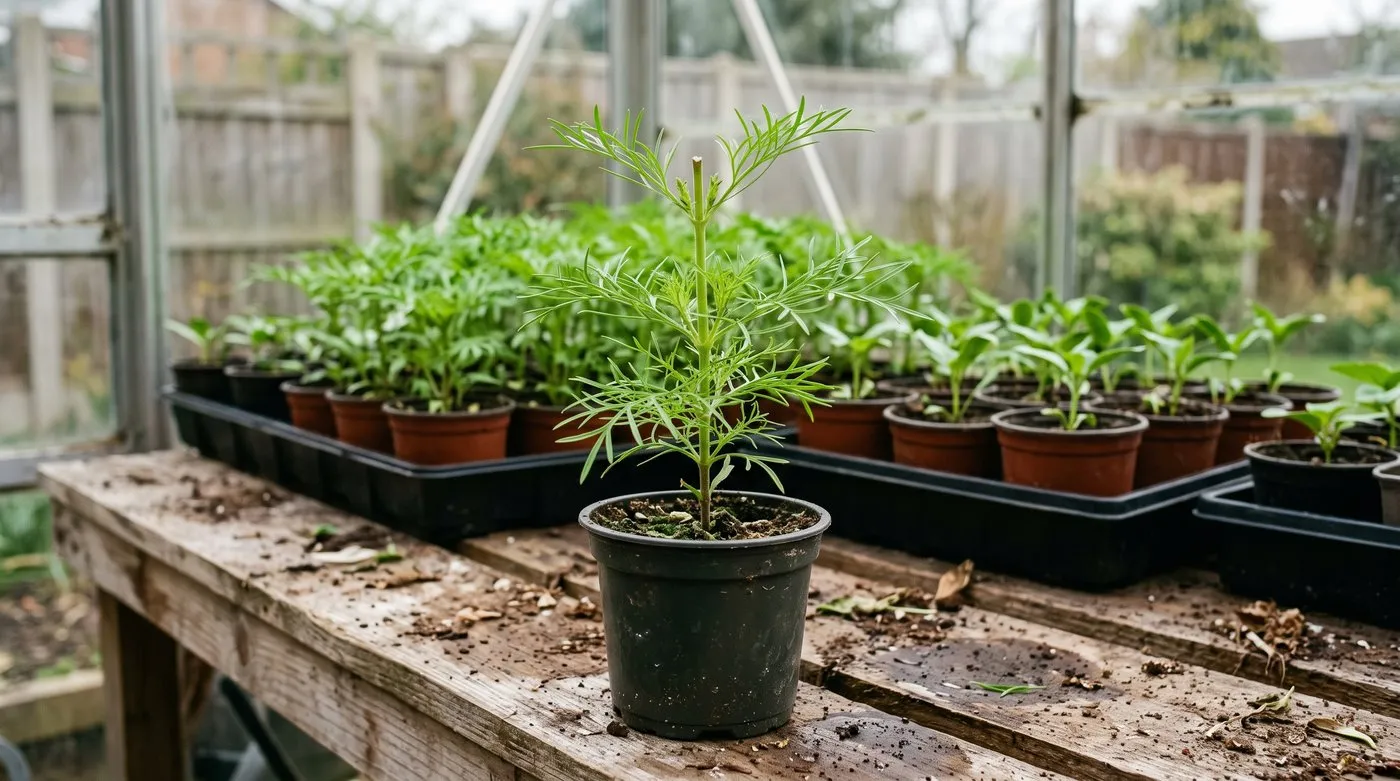 Young cosmos plant with feathery leaves and its tip pinched out, showing side shoots starting