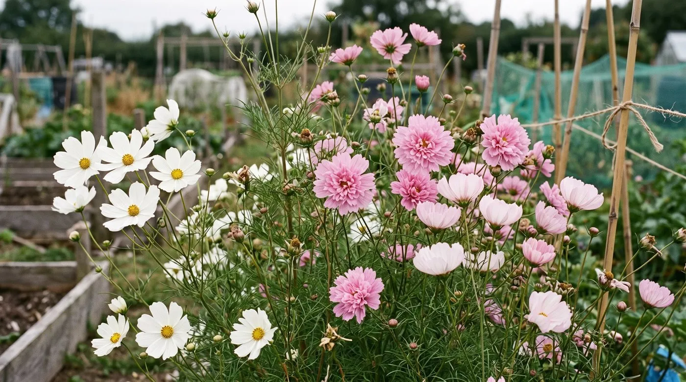 White single, pink double and cup-shaped cosmos flowers growing together in a cutting patch