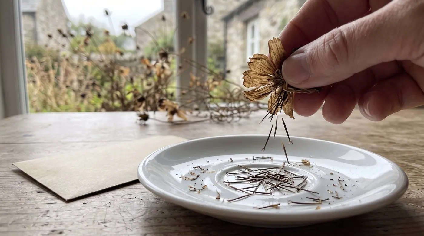 Dry cosmos seed head rubbed open to release long thin dark seeds onto a saucer