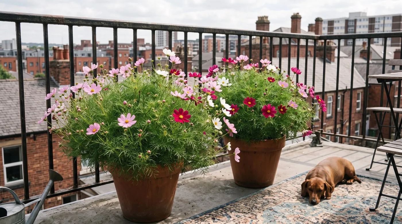 Compact pink and white cosmos in pots on a sunny balcony with a dachshund lying beside them