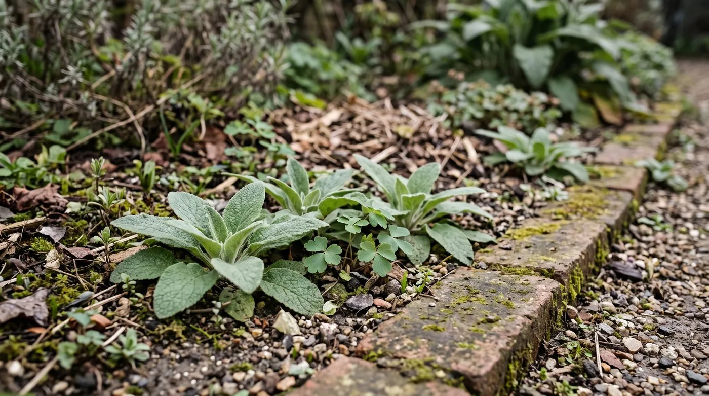 Self-sown foxglove rosettes and aquilegia seedlings at the edge of a cottage garden border in spring