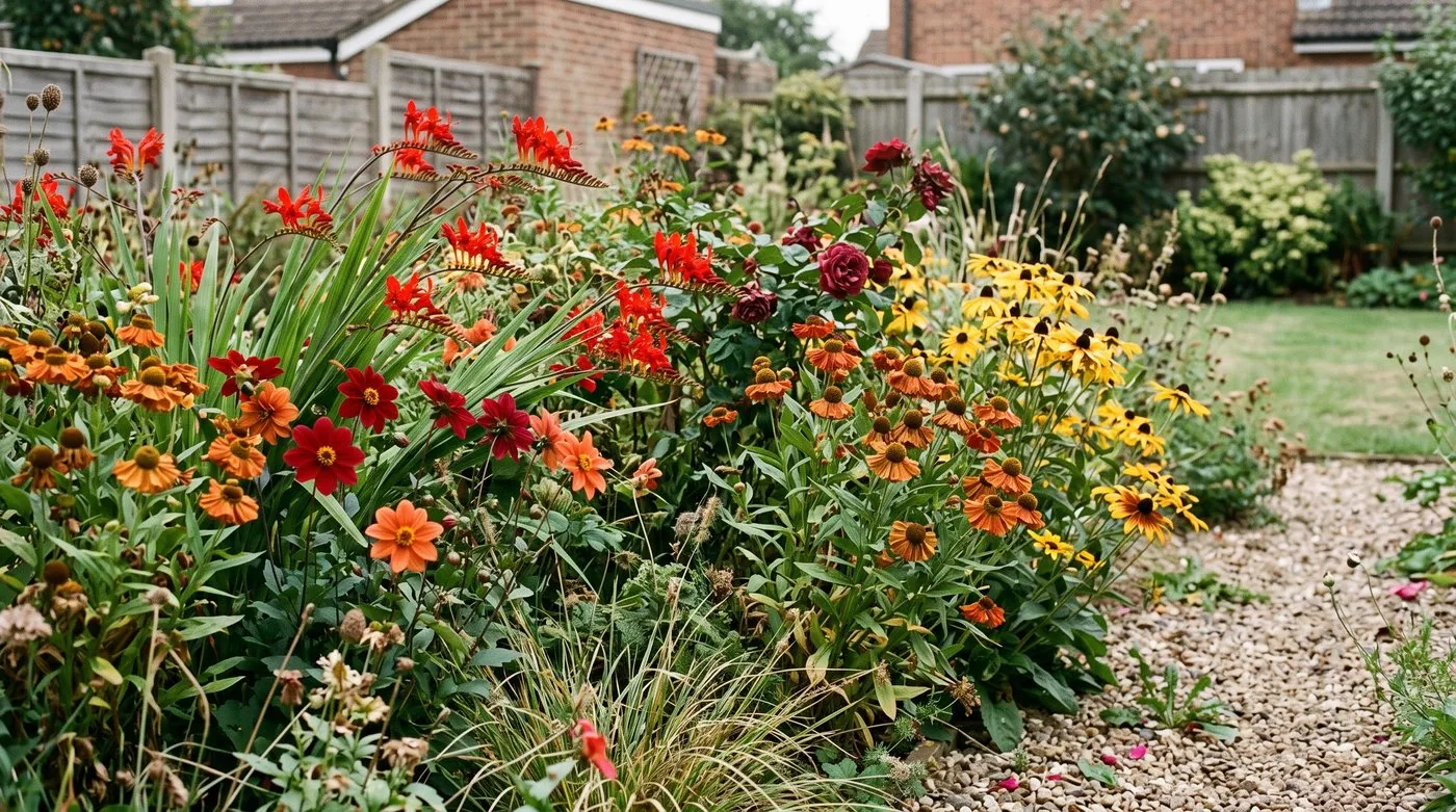 Hot cottage garden border with red crocosmia, orange dahlias, heleniums and golden rudbeckias in August