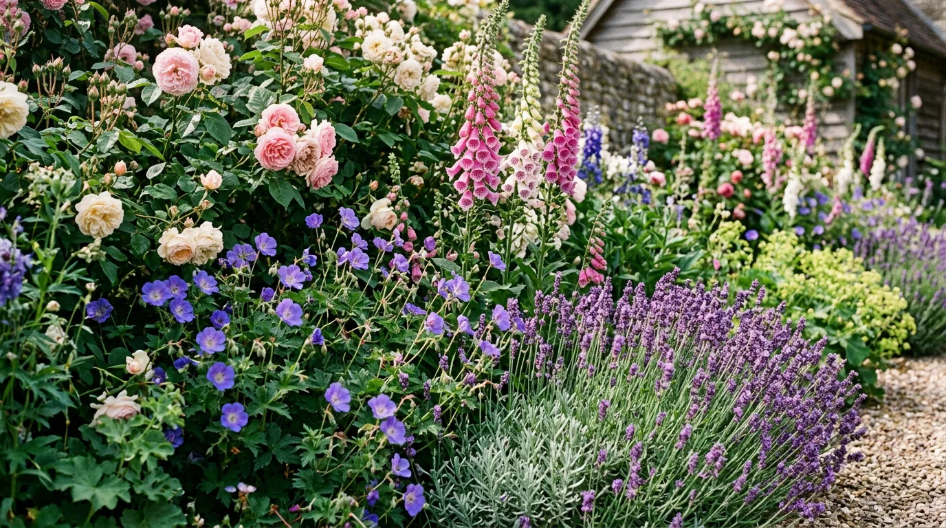 Close-up of a cottage garden border showing layered planting with roses, foxgloves, and lavender in summer bloom