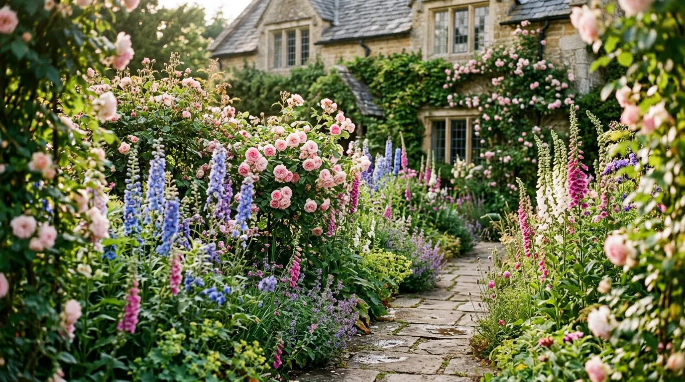 Overflowing English cottage garden border with roses foxgloves and delphiniums along a stone path in summer