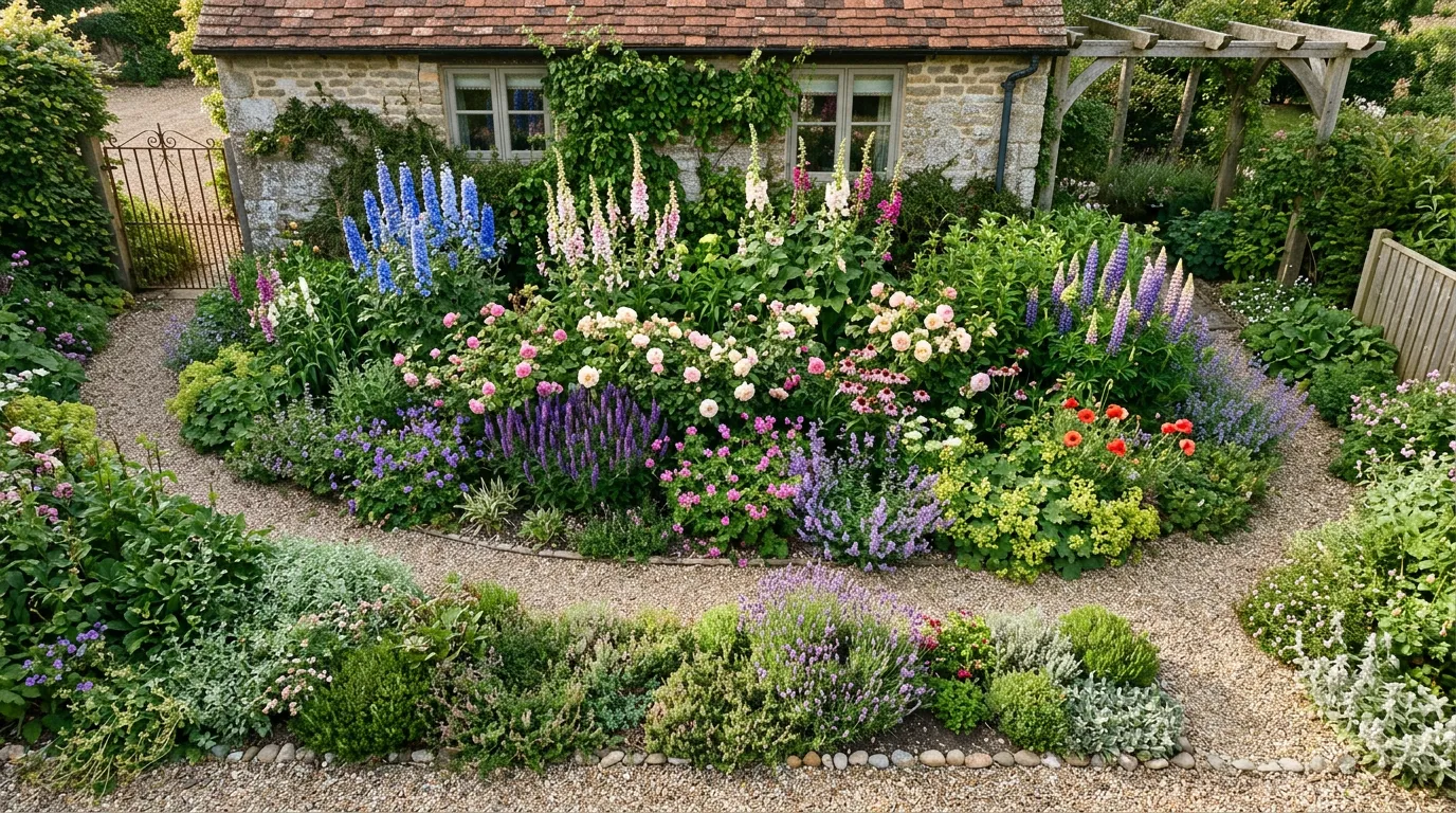 Garden plan diagram showing plant placement in a cottage border with tall plants at back grading to low at front