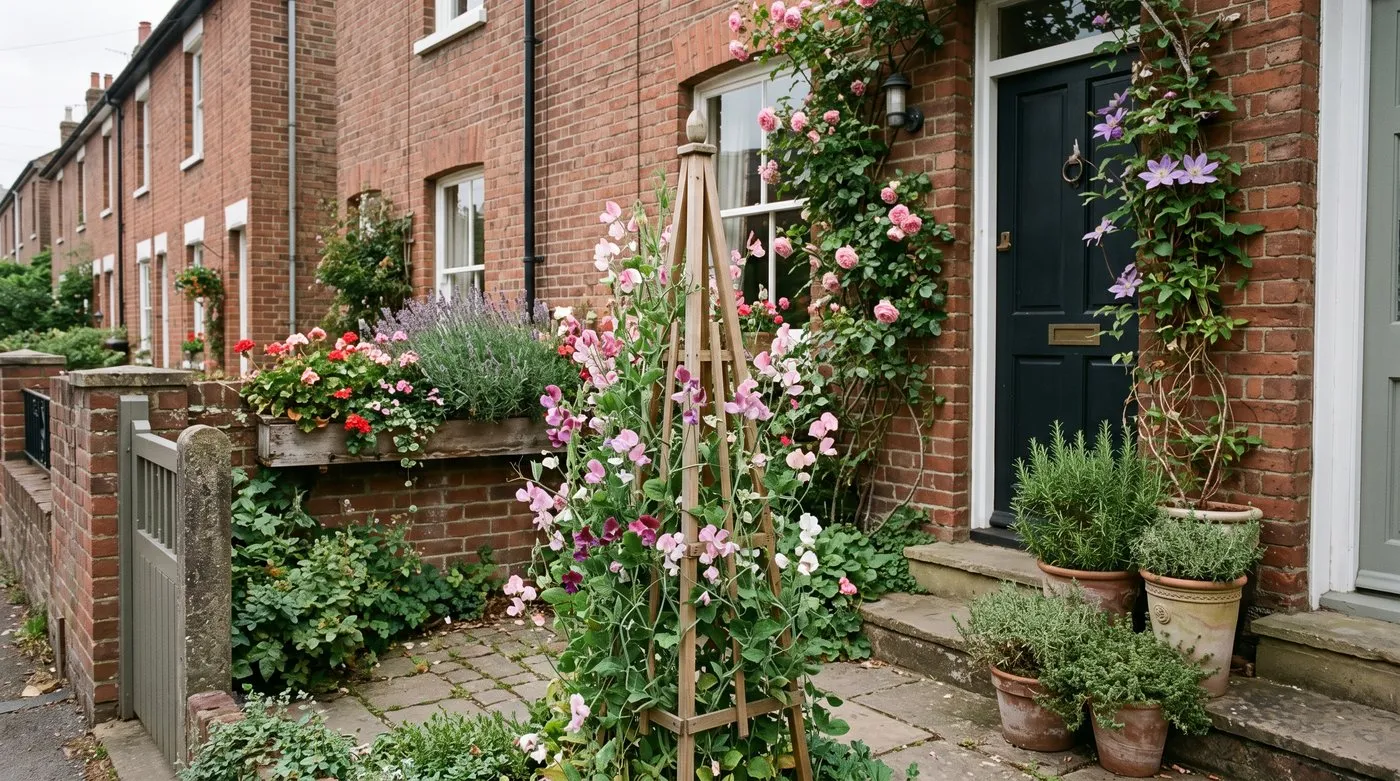 Small terraced front garden with a sweet pea obelisk, climbing rose and window boxes in cottage style