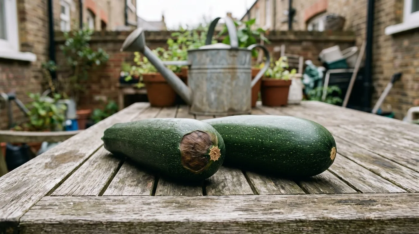 Courgette with a dry, dark, sunken patch at the flower end beside a healthy courgette