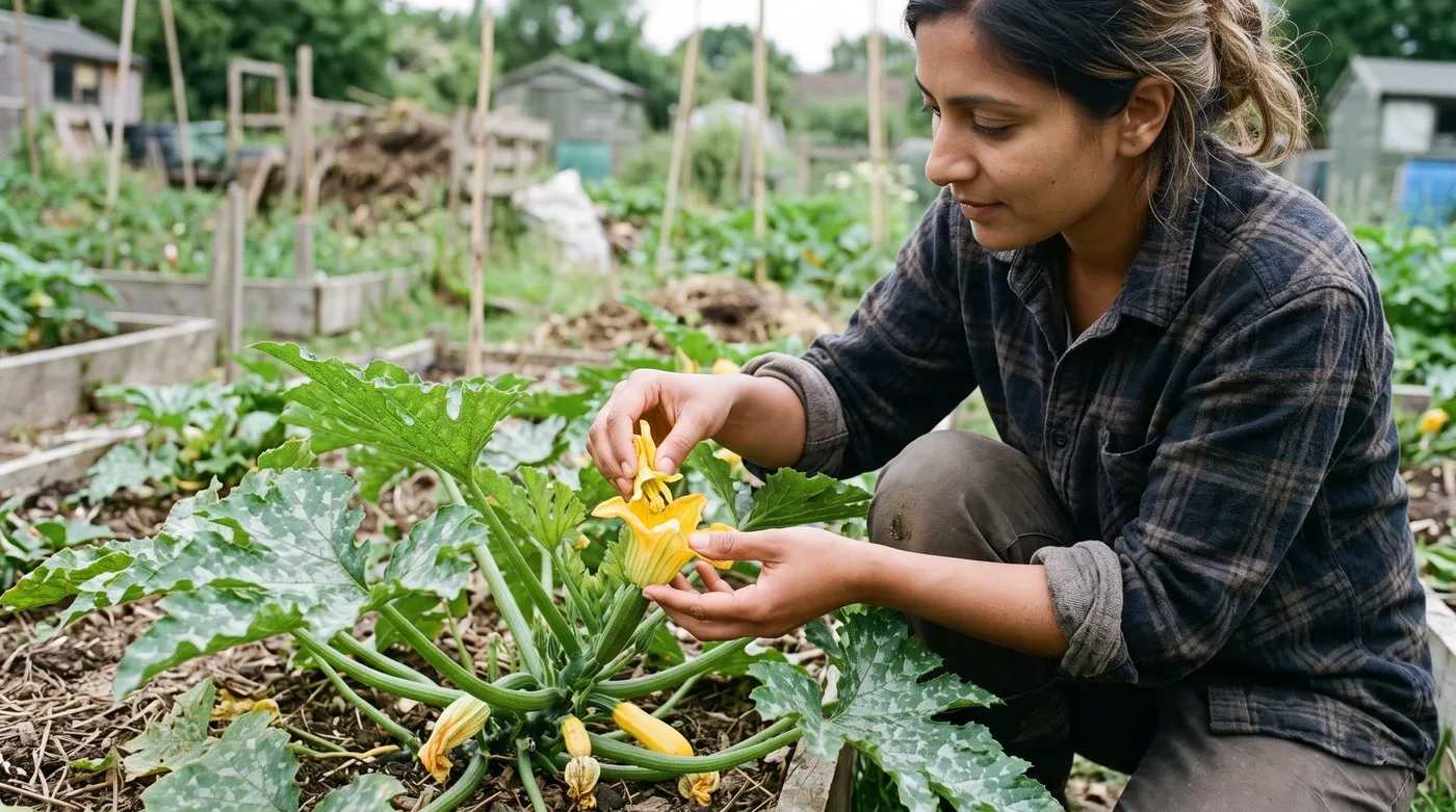 Gardener hand-pollinating a female courgette flower with a picked male flower on an allotment