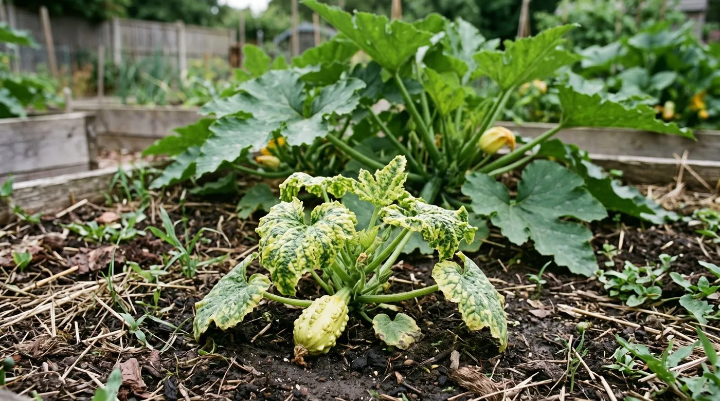 Stunted courgette with yellow and green mottled, puckered leaves and a small warty fruit from cucumber mosaic virus