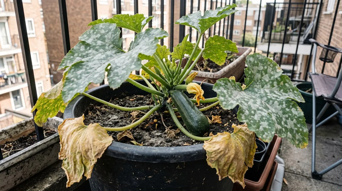 Potted courgette on a balcony with white powdery mildew patches on its large leaves and a fruit still growing