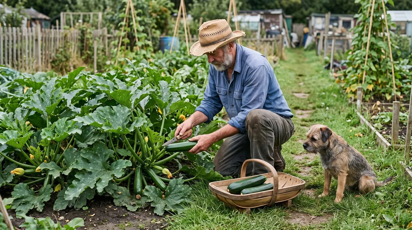 Man cutting a small courgette from the plant with a knife while a border terrier sits on the path