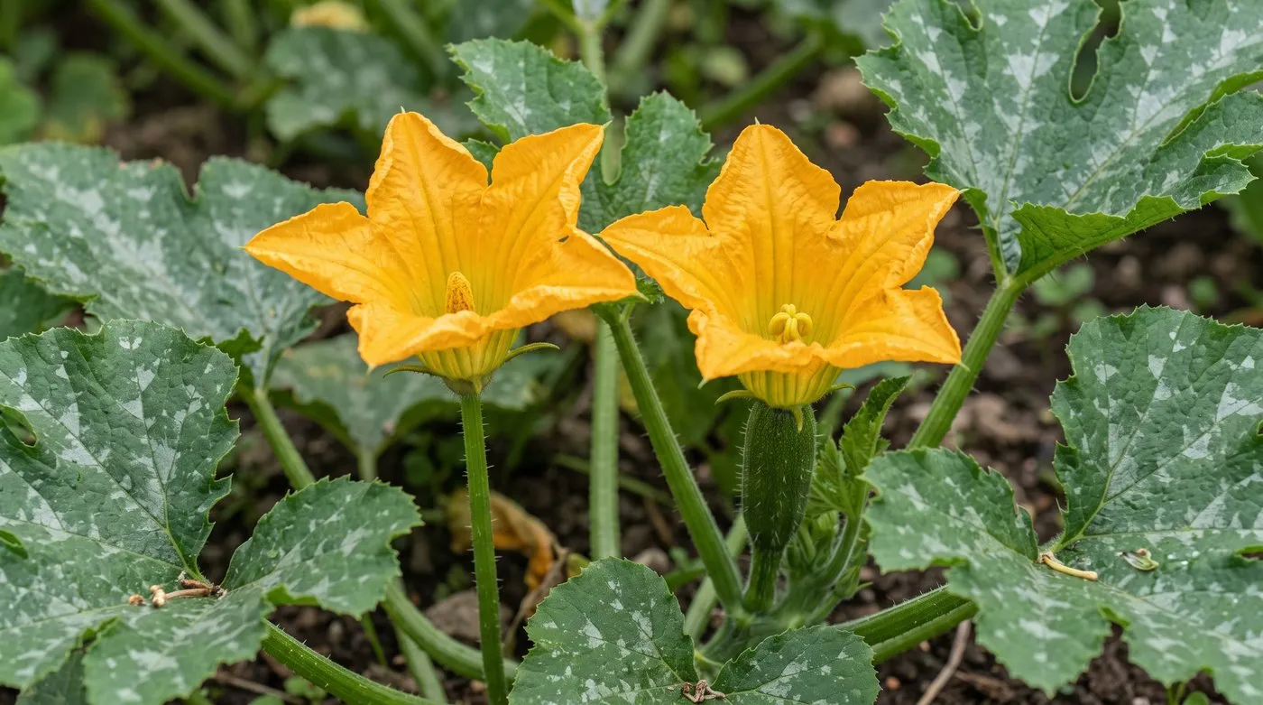 Male courgette flower on a thin stalk next to a female flower with a tiny courgette behind it