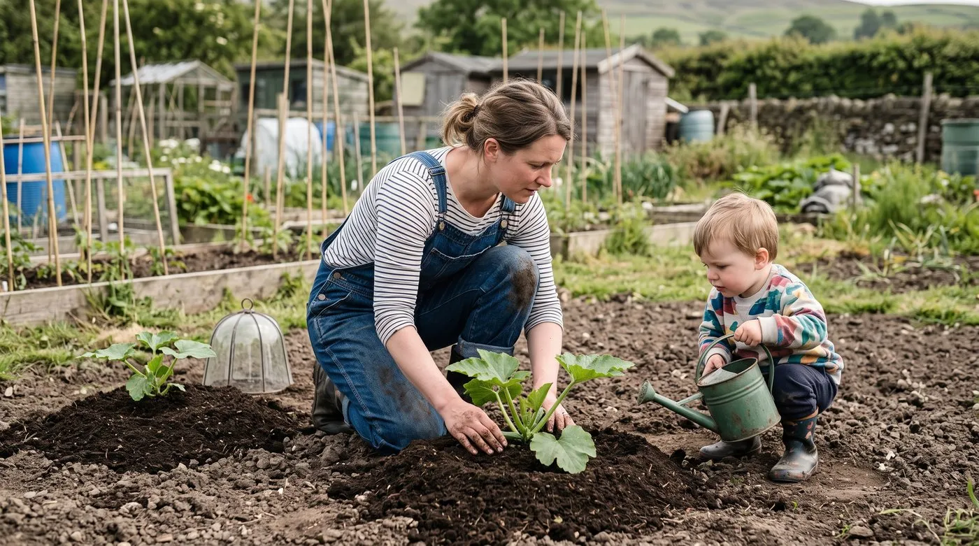 Woman planting a young courgette on a compost-rich mound while her toddler holds a watering can