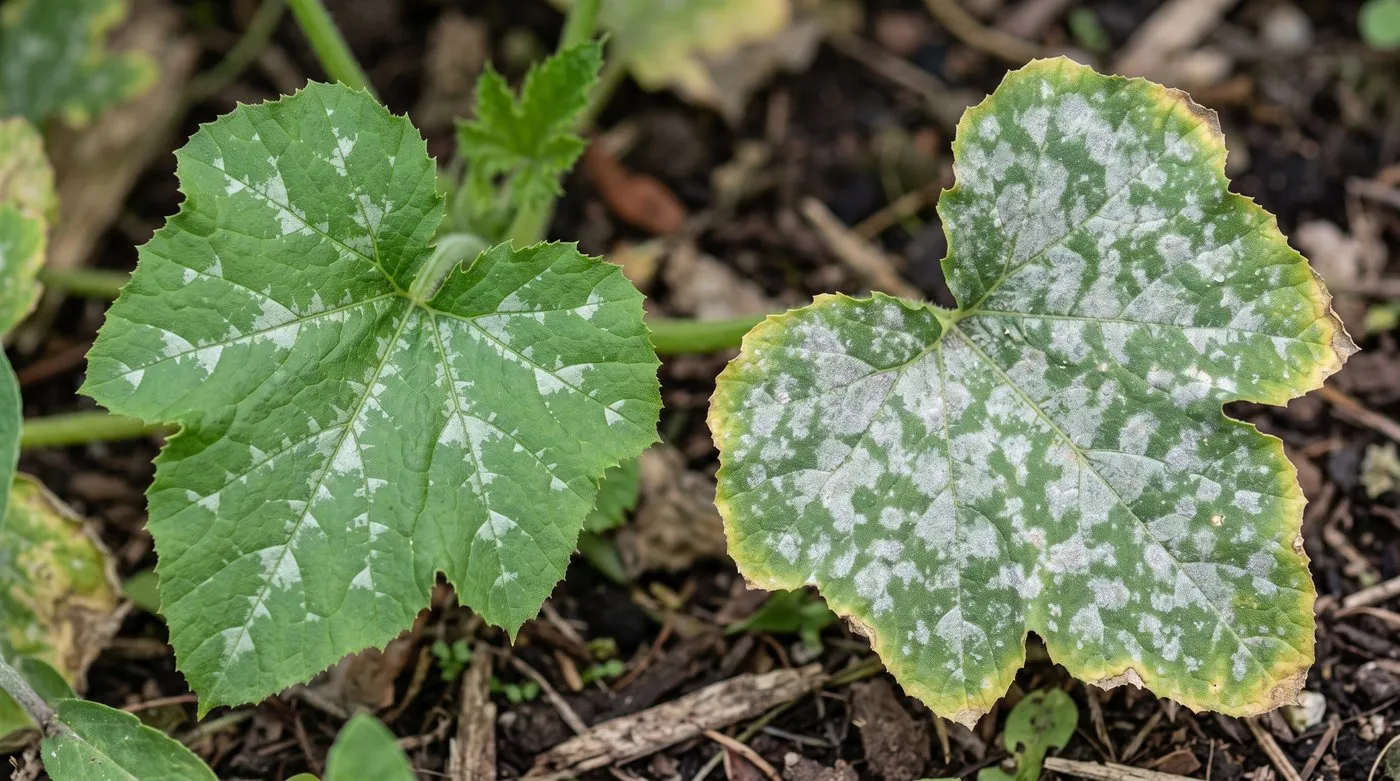 Courgette leaf with natural silver vein markings beside a leaf with dusty powdery mildew patches