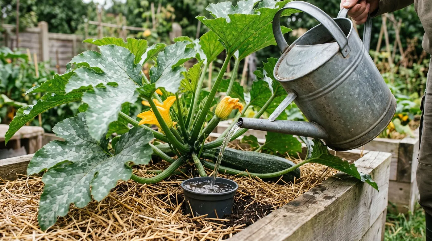 Watering can filling a pot sunk beside a courgette plant, with straw mulch around it