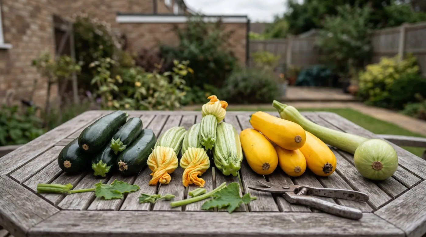 Dark green, ridged pale green, golden yellow and long curving courgettes laid out on a garden table