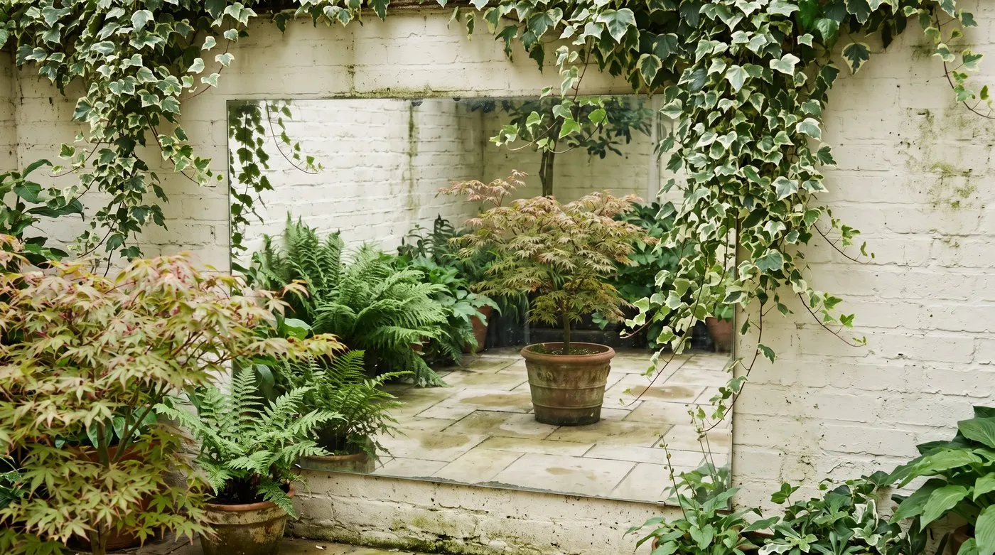 Outdoor mirror framed by ivy on a pale courtyard wall reflecting ferns and a potted maple