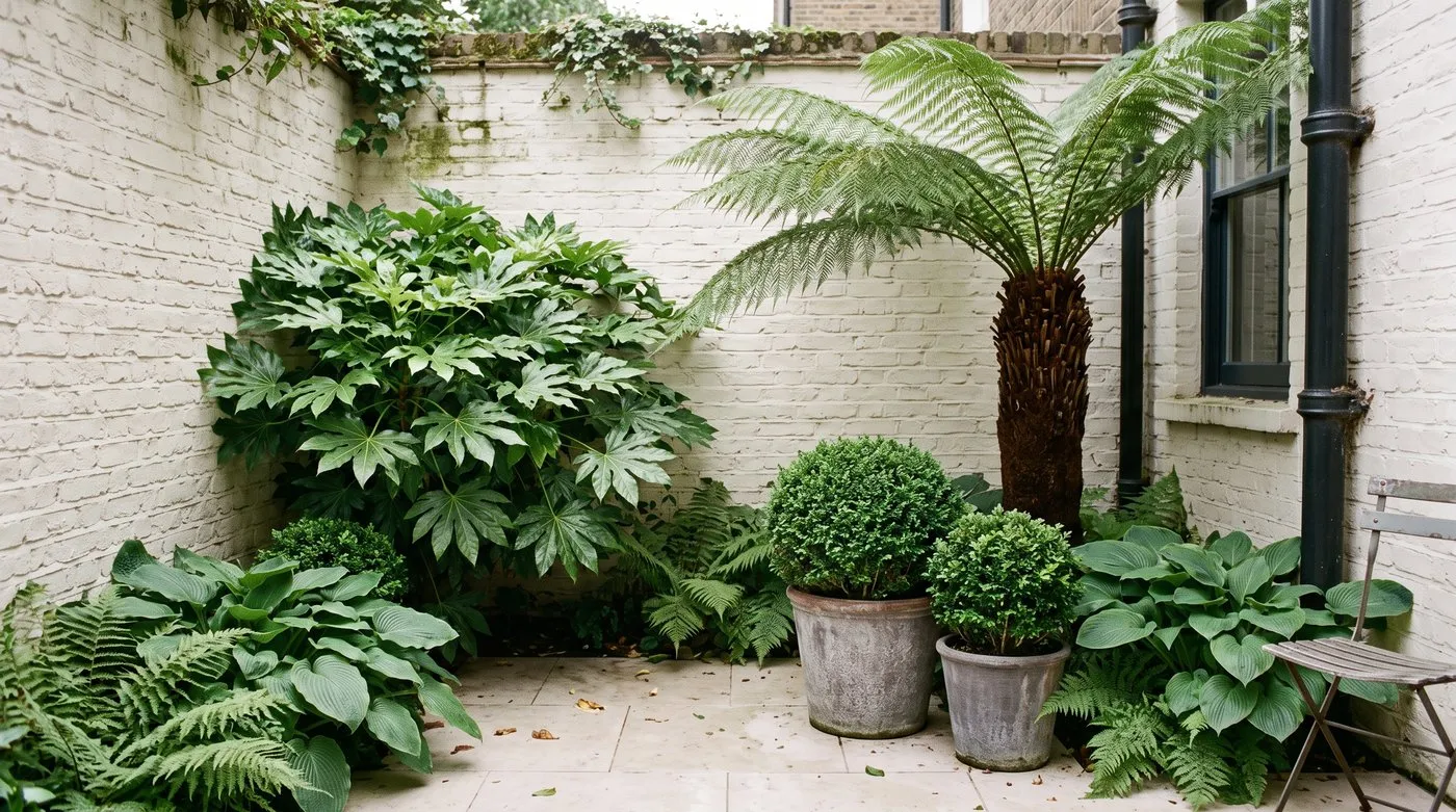 Shady courtyard garden with Fatsia japonica, a tree fern and box balls on pale paving