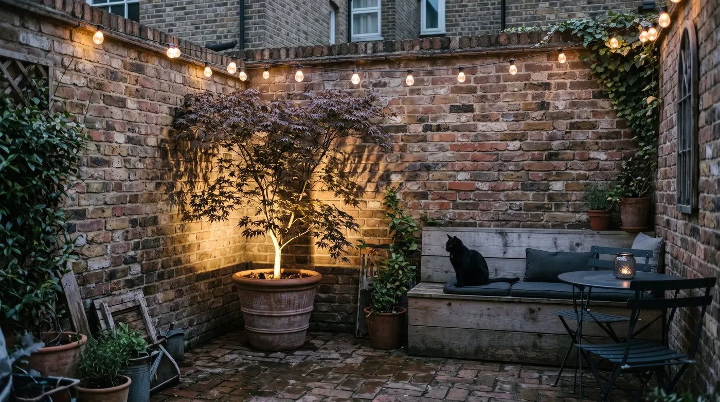 Courtyard garden at dusk lit by warm festoon lights and an uplight on a maple, with a cat on a bench