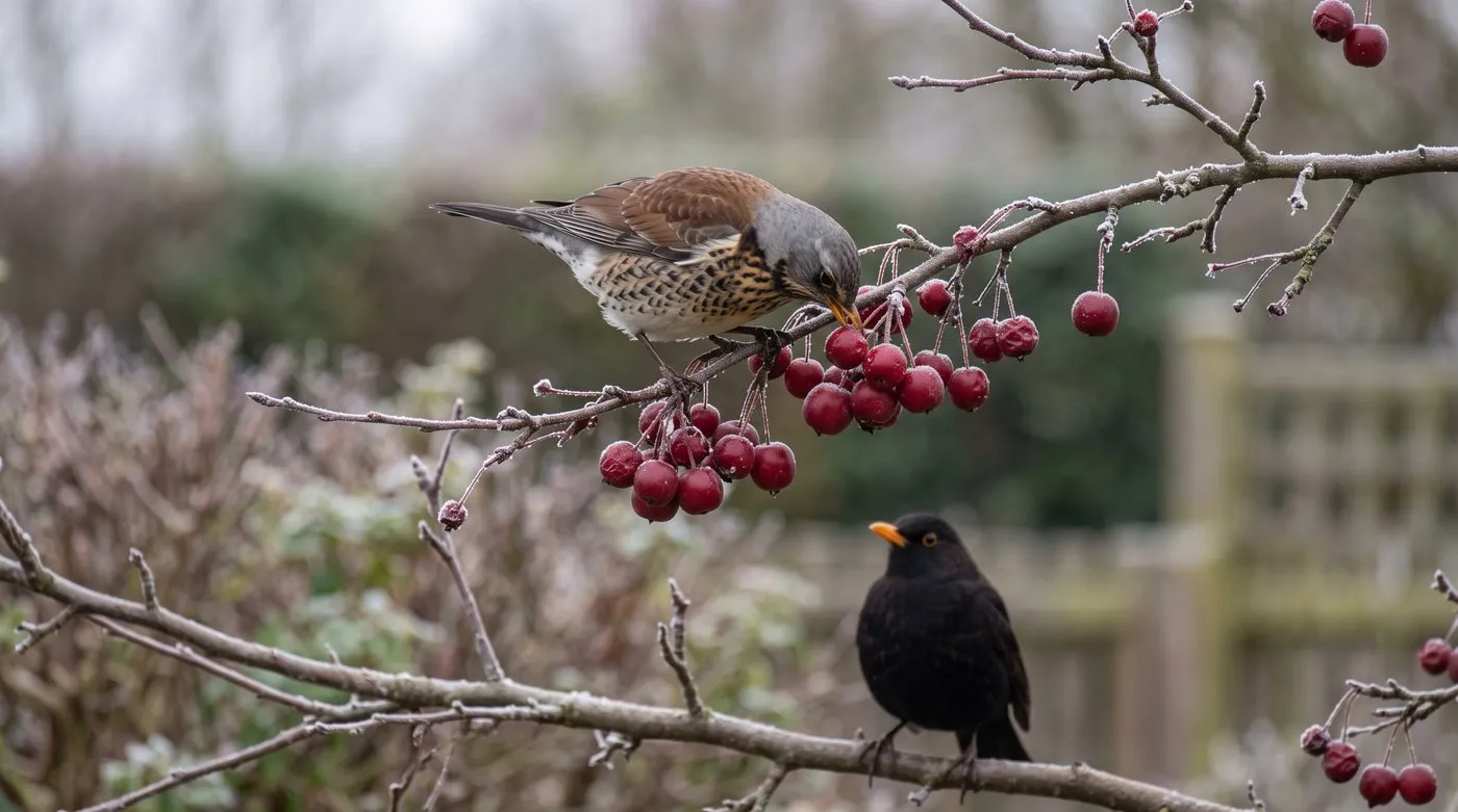 Fieldfare and blackbird feeding on small red crab apples on a bare frosty branch in winter