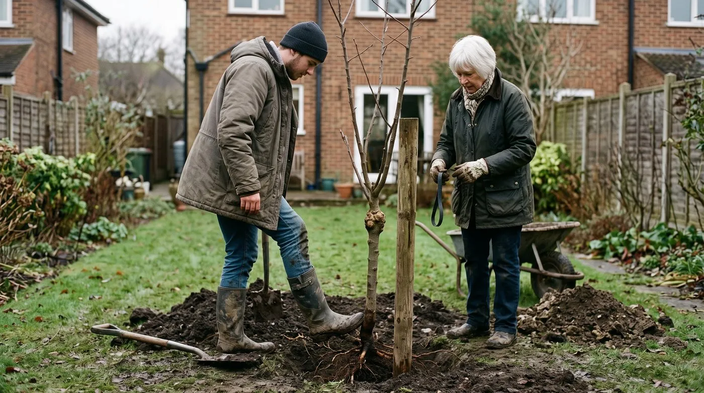 Grandmother and grandson planting a bare-root crab apple beside a stake with the graft above the soil