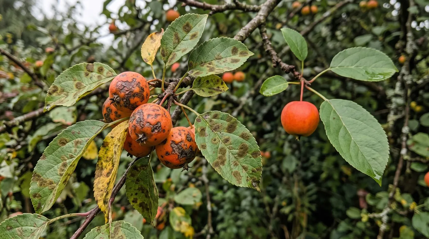 Crab apples with dark crusty scab patches and leaves with olive spots beside a clean fruit