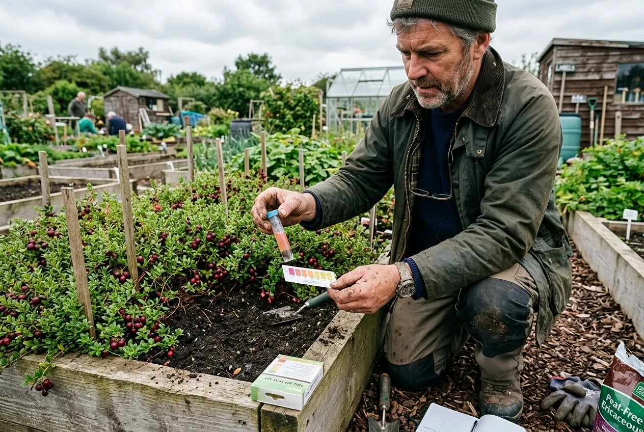 A gardener testing soil pH with a testing kit next to cranberry plants in a raised bed at a UK allotment