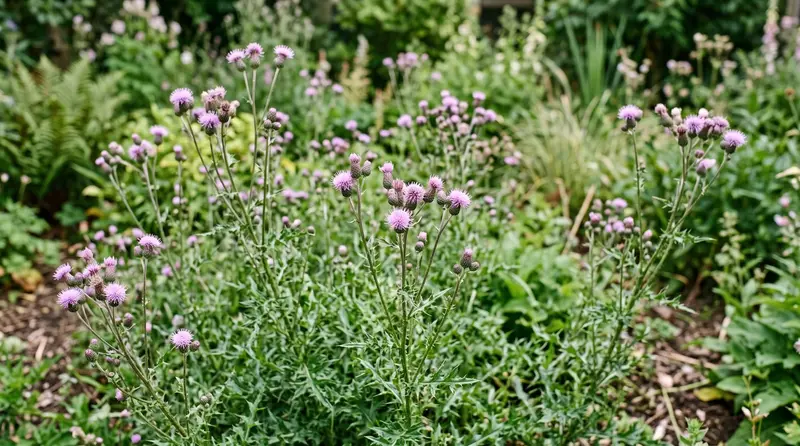 Creeping thistle Cirsium arvense with lilac-purple flower heads and spiny leaves in a UK garden