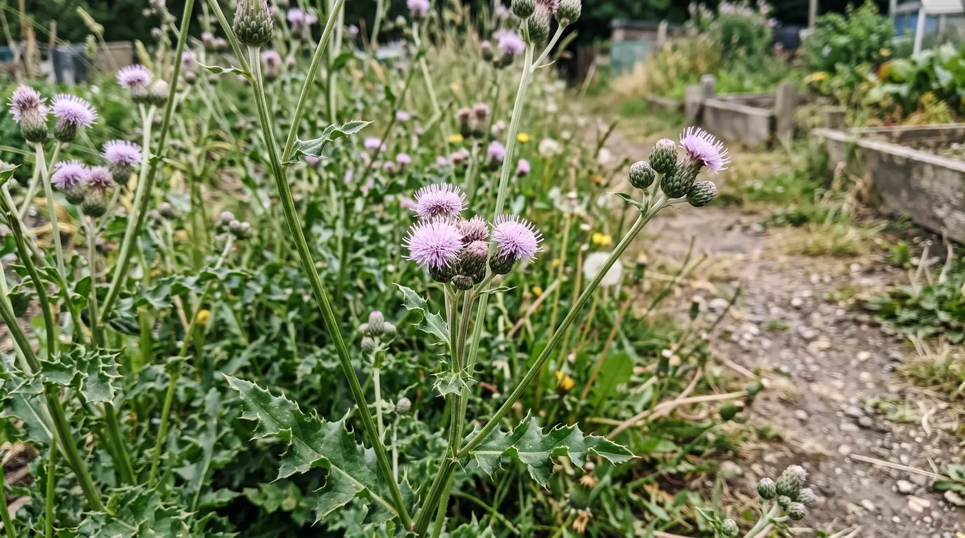 Creeping thistle stems with spiny wavy-edged leaves and clusters of small pale lilac flower heads