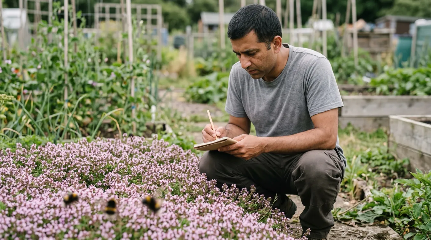 A British Asian man in his forties crouching beside flowering purple thyme with a notebook, counting bumblebee foragers