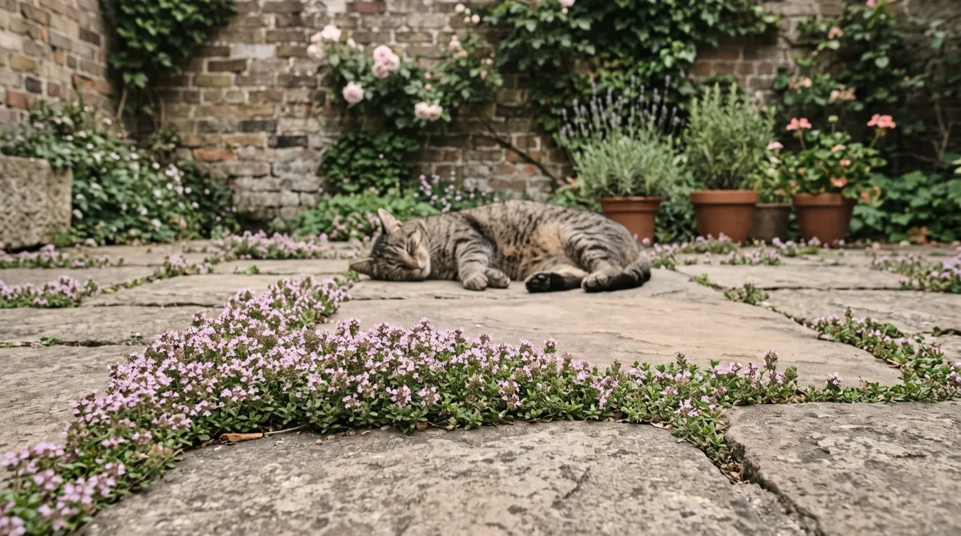 Creeping thyme growing between stone paving slabs in a sunny walled UK courtyard with a tabby cat asleep on the warm stone