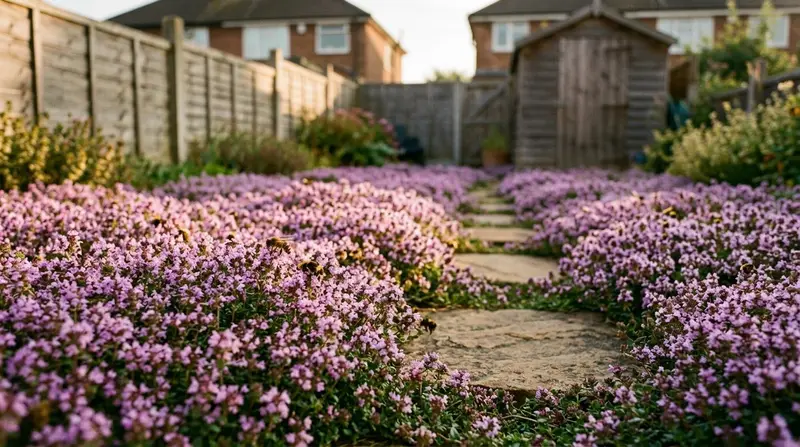 Creeping thyme lawn in full purple flower in a small sunny suburban UK back garden