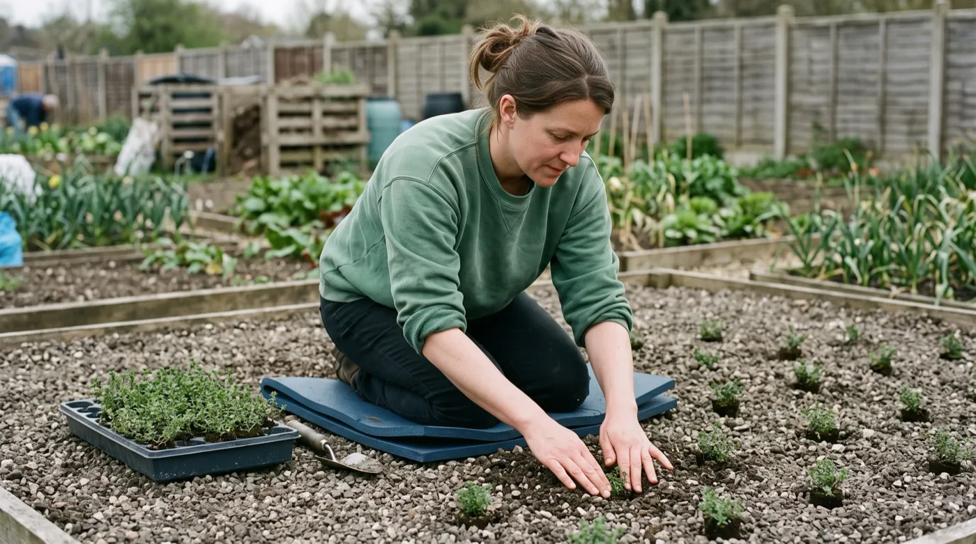 A white British woman in her thirties kneeling to plant thyme plugs at even spacing into a gritty free-draining bed