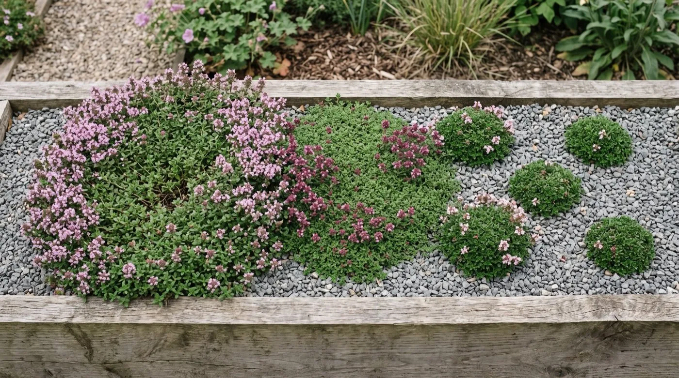 Three creeping thyme varieties in three adjacent patches of one gritty bed, showing different foliage colour and mat density