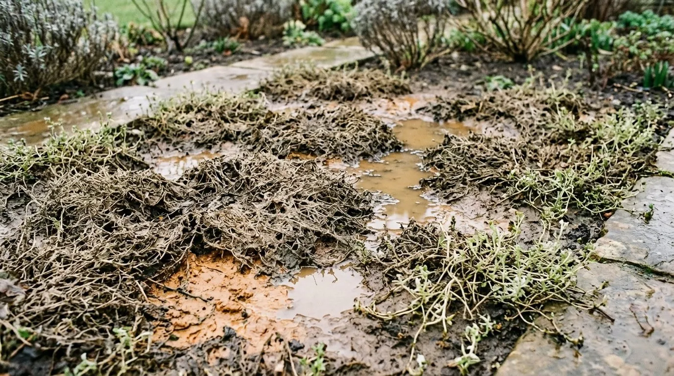 Dead brown patches of creeping thyme on waterlogged clay soil in a UK garden in winter
