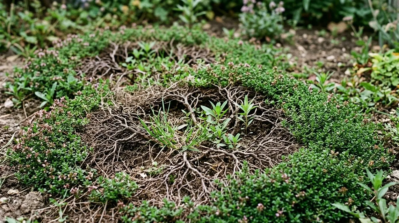 Aged creeping thyme mat in year four with bare woody centres and weeds colonising the gaps