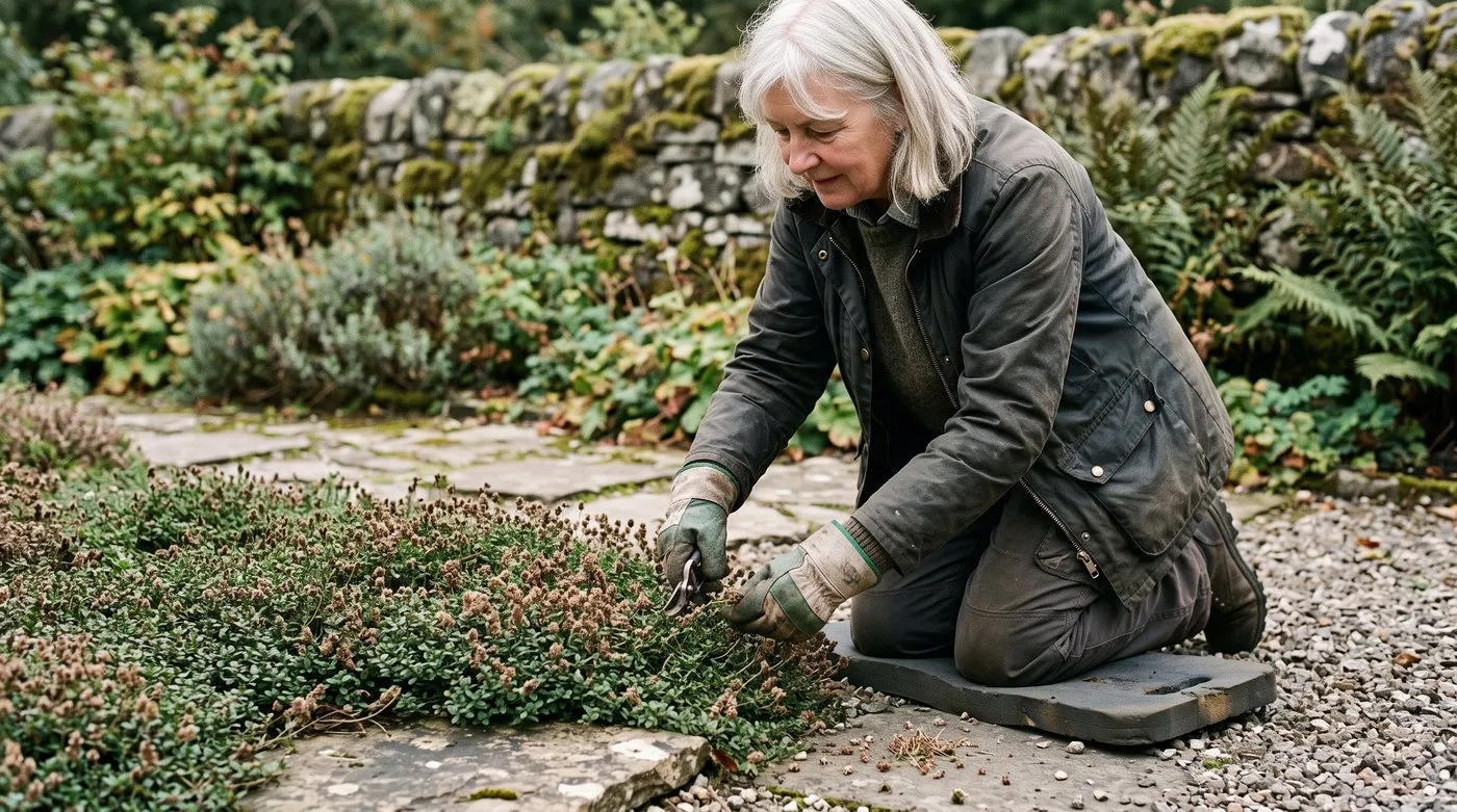 Gardener lightly shearing faded flower stems off a creeping thyme mat with hand shears in late summer