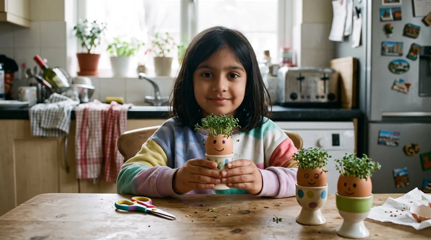 Girl holding an eggshell with a drawn face and green cress sprouting from the top like hair