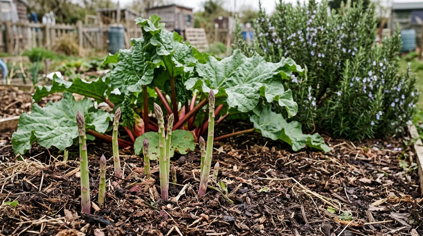 Asparagus spears and rhubarb growing in a permanent bed outside the crop rotation on a UK allotment