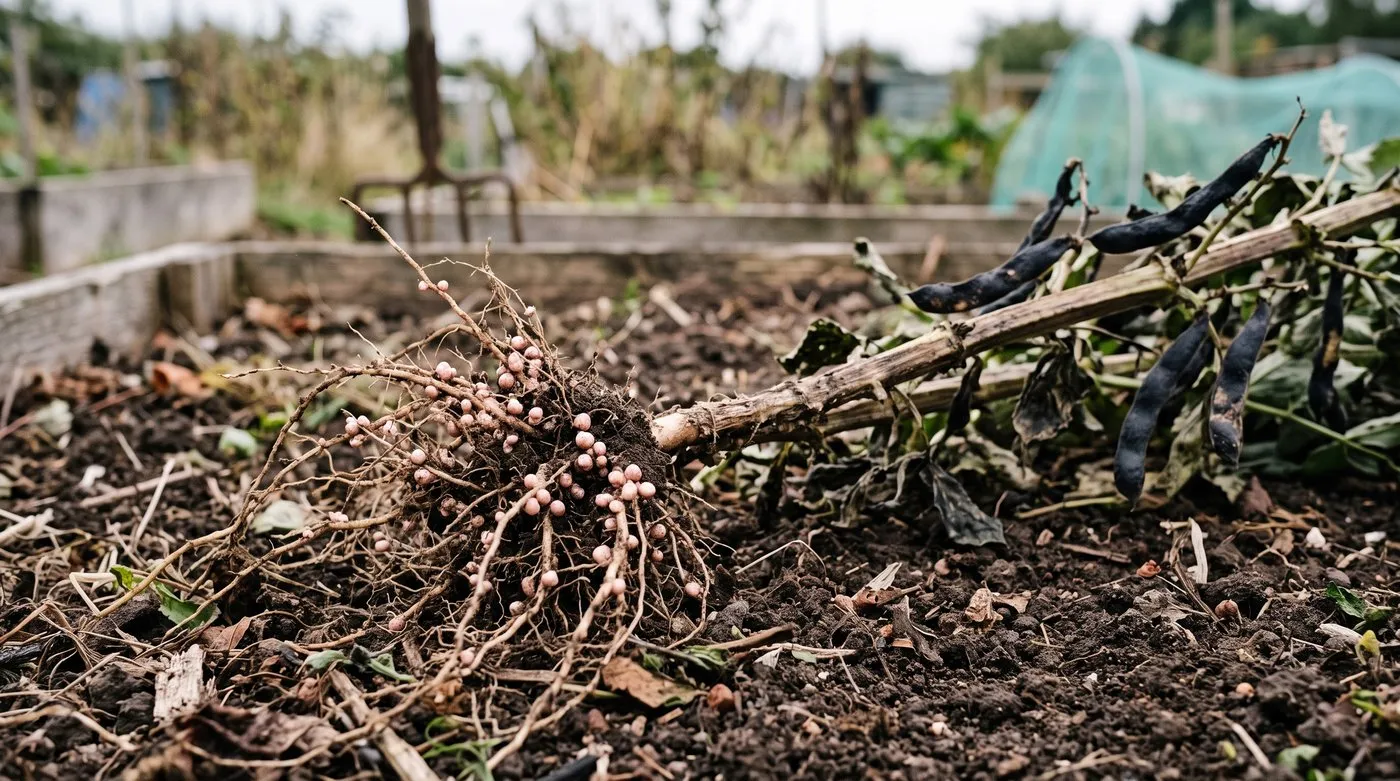 Pulled-up broad bean plant showing small pinkish nitrogen-fixing nodules on its roots