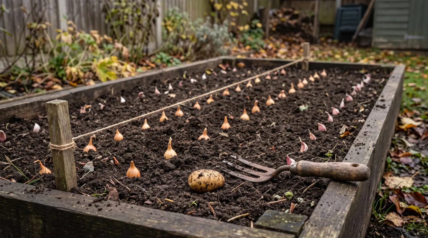 Rows of onion sets and garlic planted in a cleared potato bed, with a missed potato tuber on the soil