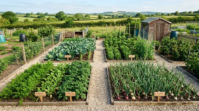 Four-bed crop rotation layout on a UK allotment with different vegetable families