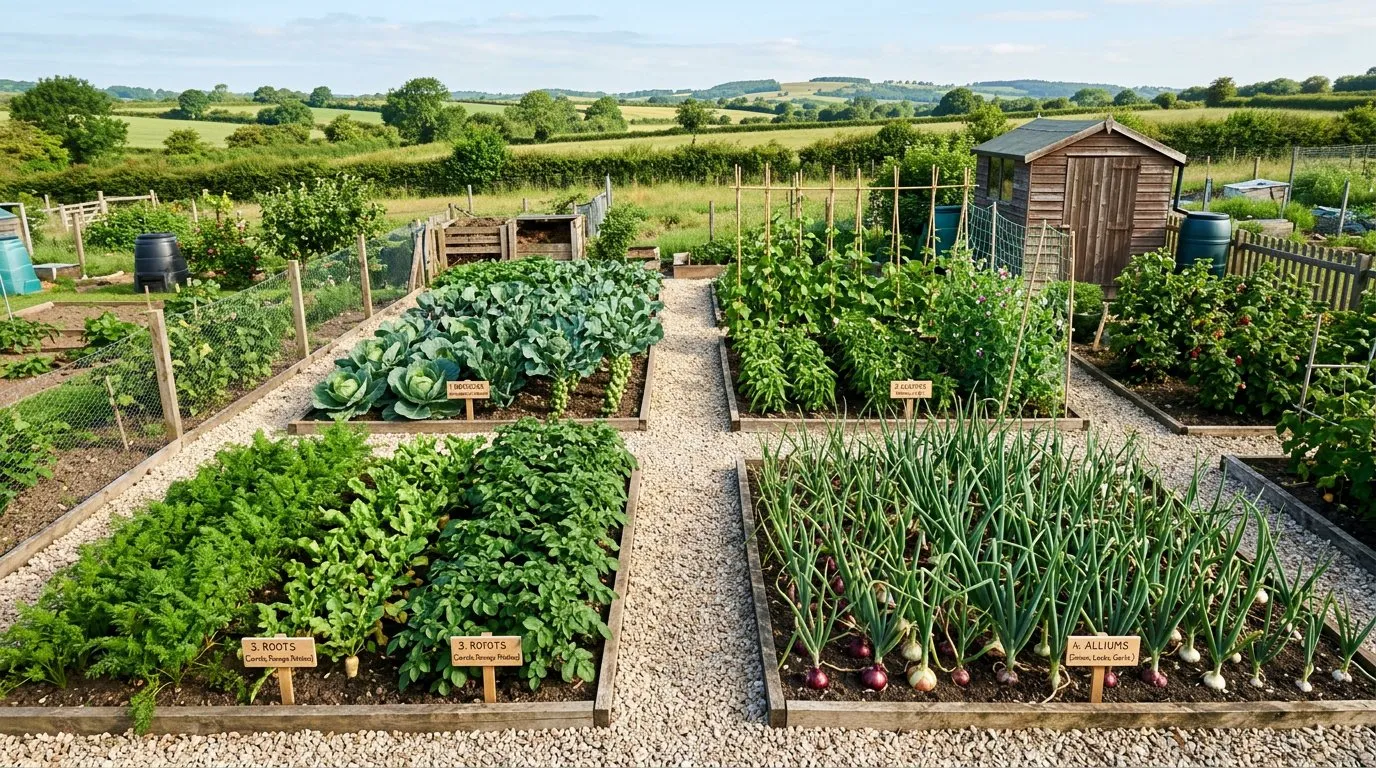 Four-bed crop rotation layout on a UK allotment with different vegetable families